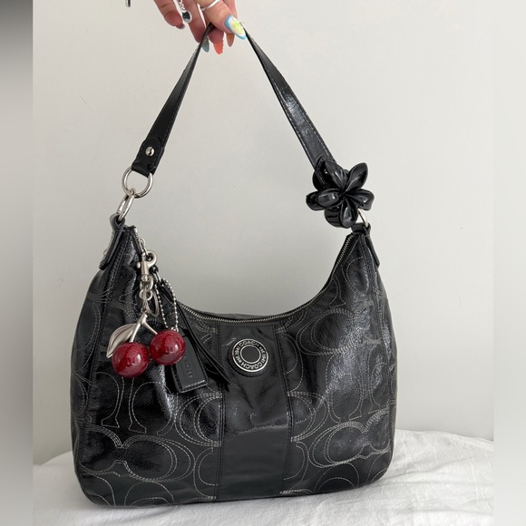 Coach Black Embossed Shoulder Bag with Cherry Charms - Picture 2 of 6